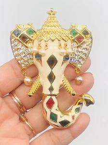 Vtg Kenneth Jay Lane KJL Red Green Blue Cabochon 3D Elephant Heavy Brooch Pin - Picture 1 of 18