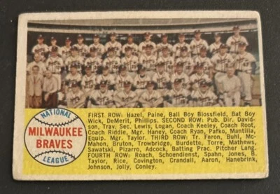 Tarjeta del equipo 1958 Topps Braves #377 Hank Aaron Warren Spahn Ed Mathews Joe Torre PR Foto 1 de 2