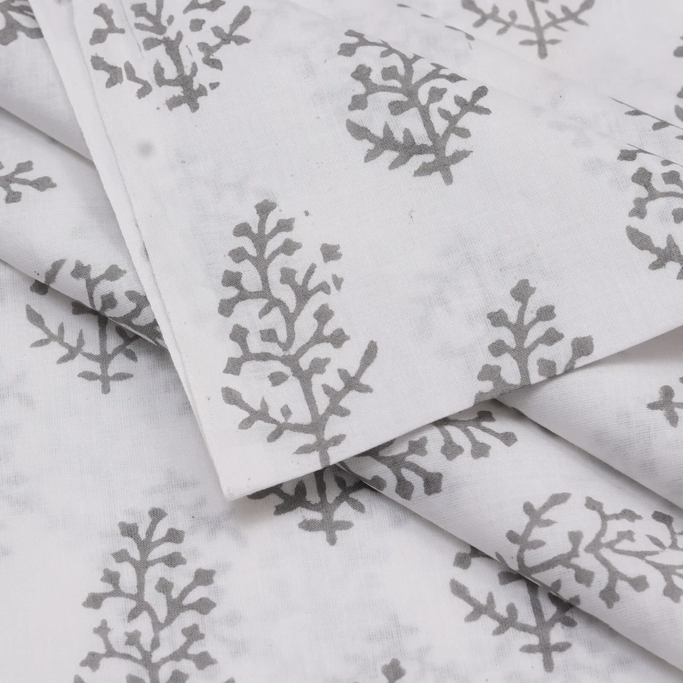 5 Yards Hand Block Print Fabric voile Cotton Indian Gray Sanganeri Print Fabric - Image 1 of 4