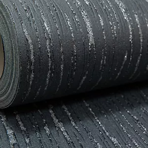 Embossed Plain Black Silver Glitter Blown Vinyl Textured Thick Heavy Wallpaper - Picture 1 of 6