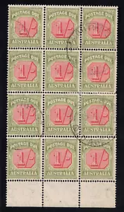 1938 Australia 1 Shilling Postage Due Scott J70 Used Block of 12 with Selvage - Picture 1 of 2