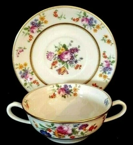 COXON BELLEEK BLUMENBOUQUET DOPPELGRIFF CREME SUPPE SCHÜSSEL UND UNTERTASSE - Bild 1 von 5