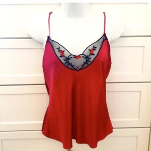 90s Victoria’s Secret Silk Cami Vintage RED Black Mesh Roses Camisole Tank Top L - Picture 1 of 6