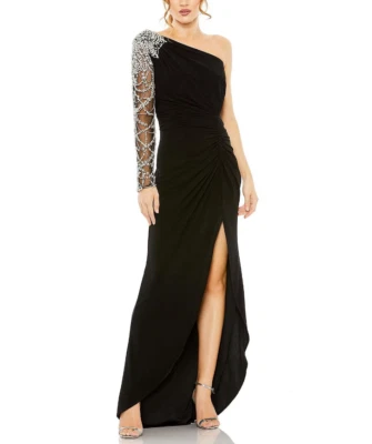 NEW, Mac Duggal Embellished One Shoulder Long Sleeve Gown in Black Sz 4 #EP336 - Image 1 of 4