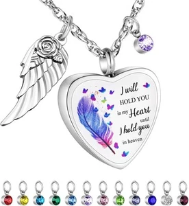 Dletay Heart Urn Necklace for Ashes Birthstones Cremation Jewelry Silver Wing - Picture 1 of 7