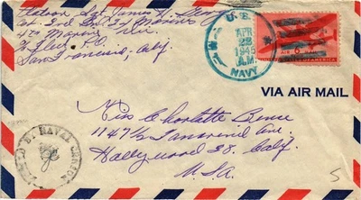 Estampillas Dr Jim cubierta de correo aéreo Marina de los Estados Unidos 1945 matasellos pasados por censor naval Foto 1 de 2