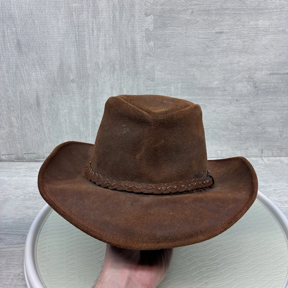 复古 Minnetonka The Outback 帽子大号牛仔棕色麂皮绒皮革绳子细节 — 第 1/4 张图片