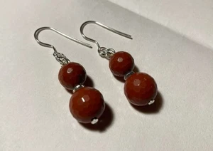 Red Jasper Gemstone Round Sterling Silver Handmade Earrings 1.5 Inch Dangle Drop - Picture 1 of 7