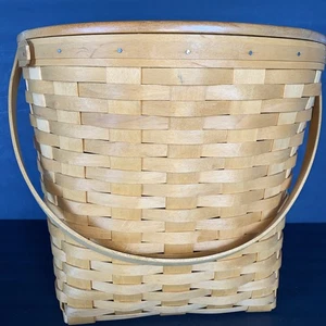 Longaberger Korb groß rund 1998 mit Kunststoffschutz, Deckel und Strumpfband - Bild 1 von 7