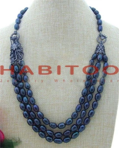 3 Strands Round Black Freshwater Pearl Necklace Dragon Connector Cz 25" - Bild 1 von 1