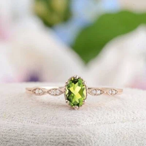 14k Rose Gold Natural Peridot and Diamonds Gemstone Vintage Women Proposal Ring - Picture 1 of 7