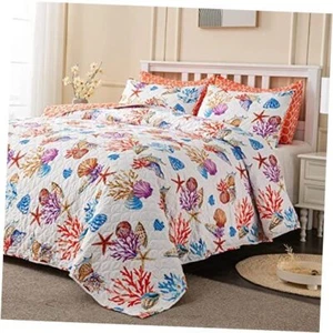 3 Pieces Quilt Set Size Ocean Theme Coastal Bedspread with 2 King Seashell - Picture 1 of 7