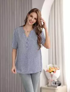 NEW! Women's Heart Print Short-Sleeve Pullover Top with V-Neck Mandarin Collar - Picture 1 of 15