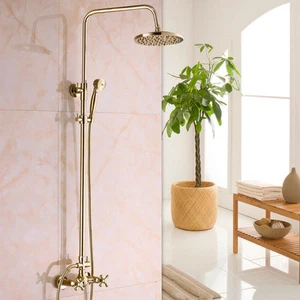 Gold Bathroom Rainfall Spout Shower Faucet Set Mixer Round Shower Head Mixer Tap - Picture 1 of 5