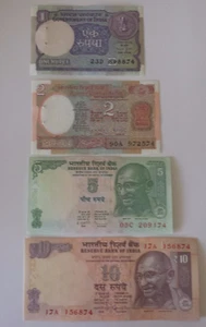 Indian Rupee Currency Paper Money Bank Note 1-2-5-10- set of 4 Crisp  - Picture 1 of 6