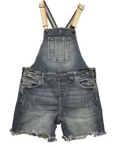 Denim Shortalls Rainbow Stripes Pride Dark Wash Raw Hem Jumper Shorts Sz 16 Girl - Picture 1 of 3