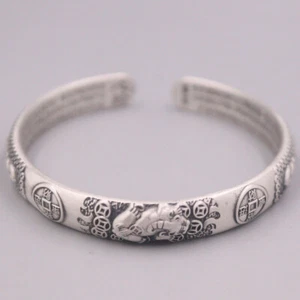 Solid S999 Pure Silver Women Men 9mm Vintage Pixiu Coin Cuff Bangle 2.2-2.3inch - Picture 1 of 5