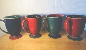SET OF 4 DENBY HARLEQUIN FOOTED COFFEE MUGS 2 RED 1 BLUE 1 GREEN - Picture 1 of 3