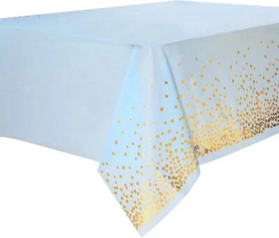 Soft Plastic Rectangular Gold Confetti Dot Blue Table Cover Party Tablecloth - Image 1 of 2