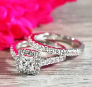 1.45 TCW Princess Cut Diamond Bridal Set Engagement Ring 14k White Gold Over - Picture 1 of 8
