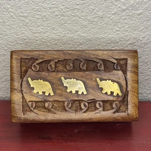 Trinket Box Wooden Brass Inlay Elephants Hinged Lid Keepsake Small India - Picture 1 of 9