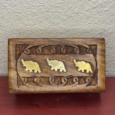 Trinket Box Wooden Brass Inlay Elephants Hinged Lid Keepsake Small India - Image 1 of 4