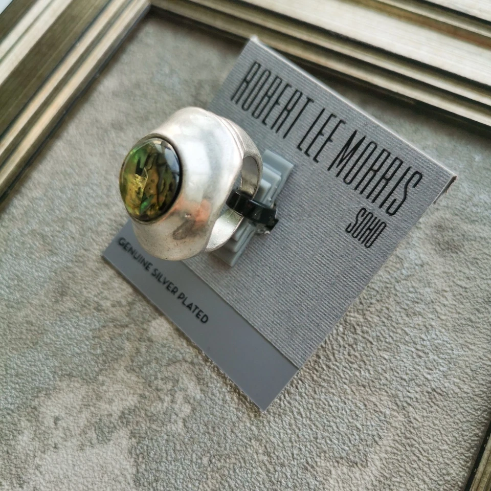 Anillo Robert Lee Morris Raro Vintage Chapado en Plata Vidrio Verde Diseño Audaz Foto 1 de 4