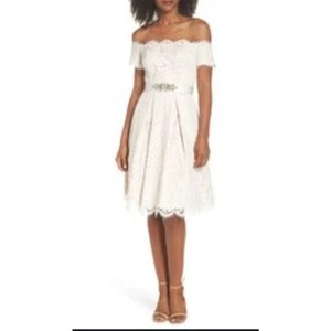 Eliza J Lace Overlay Peach Off Shoulder Cap Sleeve Rhinestone Belted Dress Sz 14 - Picture 1 of 9