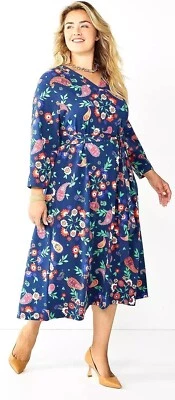 Croft & Barrow Plus 3/4 Sleeve V-Neck Floral/Paisley Print on Navy Midi Dress 1X - Image 1 of 4