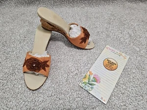 Sandali vintage Filippine arancioni legno intagliato tacco slide capili zeppa scarpe 8/9 - Foto 1 di 12