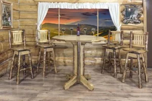 Amish Log Pub Table SET Barstools and 40" High Bar Table Stools with Back Swivel - Picture 1 of 6