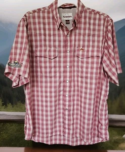 Simms Pearl Snap Shirt Men's Large Burgundy Plaid Vented Fishing Shirt W Patch * - Picture 1 of 11