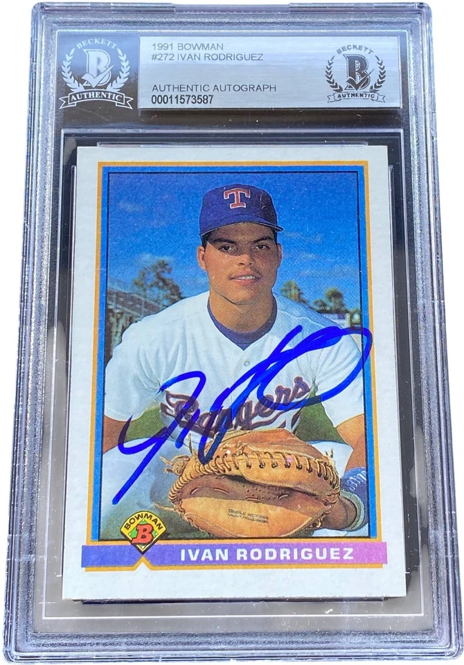 IVAN RODRIGUEZ SIGNED 1991 BOWMAN ROOKIE RC CARD #272 BECKETT BAS  - Image 1 of 1