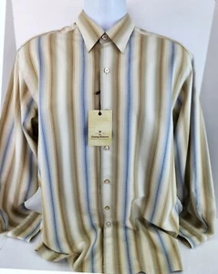 Camicia hawaiana Tommy Bahama uomo media conquistador camp seta blu righe nuova - Foto 1 di 3