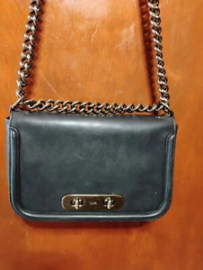 Coach Swagger Black Glovetanned Leather Flap Crossbody Bag, Chain Strap (OBO) - Picture 1 of 14