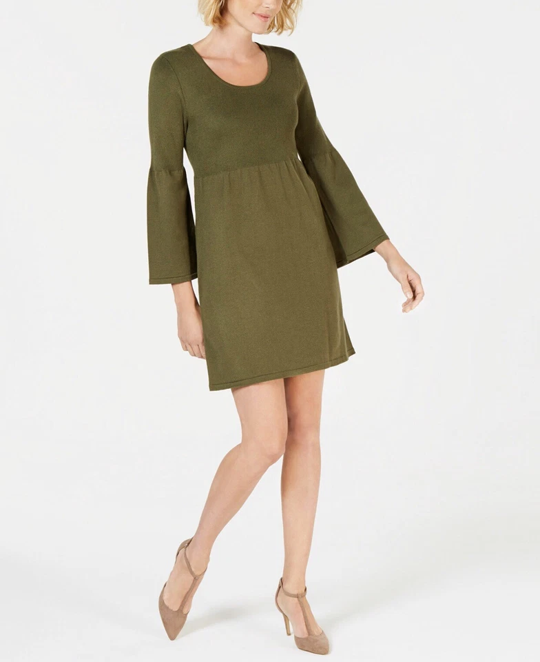 NY Collection Women's Size PS Green Solid Sweaterdress Dress Bell Sleeve $60 - Image 1 of 1