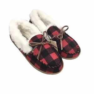 St Johns Bay Slipper House Shoe Women Small 5-6 Buffalo Plaid Moccasin Faux Fur - Picture 1 of 9