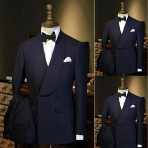 Men Suit Navy Double Breasted Shawl Lapel Party Prom Dinner Tuxedo Wedding Suits - Picture 1 of 10