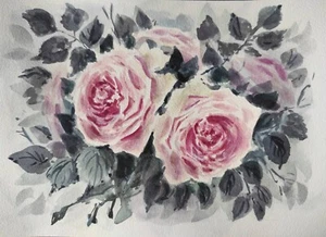 Original Artwork Modern Painting Flowers PINK ROSE Floral Landscape Wall Gift A5 - Picture 1 of 10
