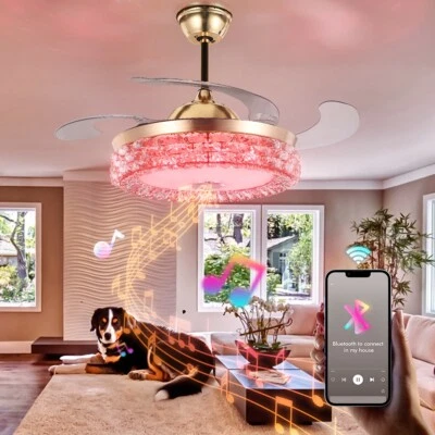 42" Bluetooth 7-Color LED Dimmable Crystal Chandelier Ceiling Fan Light w/Remote - Image 1 of 4