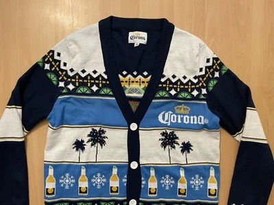 Corona Medium White/Blue Ugly Cardigan Sweater Button Holiday Feliz Navidad - Image 1 of 4