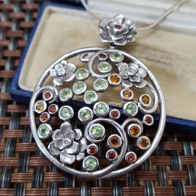 Vintage 925 Sterling Silver Necklace, Multi Gemstones Pendant, Garnet, Peridot  - Image 1 of 4