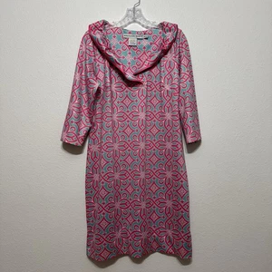 Gretchen Scott Ruffle Neck 3/4 Sleeve Aqua & Pink Shift Dress Womens Size M - Picture 1 of 6