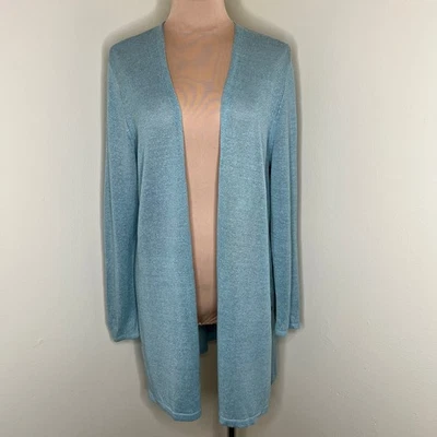 J. Jill Linen Blend Cardigan Large Petite Women Blue Knit Open Front Long Sleeve - Image 1 of 4