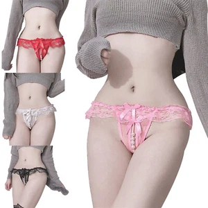 Women's Lace Briefs See Through G-string with Pearls Bowknot Fuzzy Tail Lingerie - Picture 1 of 123