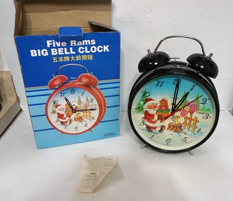 IOB RARE Vintage Five Rams Big Bell Clock black animated Santa Christmas alarm Cover