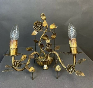 Hollywood Regency Wandlampe Metall Gold Ranken Vîntage Zweiflammig 1960/70 Rosen - Bild 1 von 6
