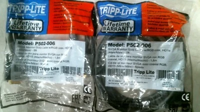 TRIPP LITE P502-006 SVGA MONITOR GOLD CABLE W/RGB COAX HD15 MALE/MALE 6FT LOT/2 - Image 1 of 2