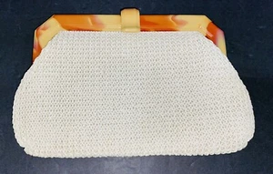 Vintage 50s/60s  white Crochet purse butterscotch Swirly Lucite Trim Clutch Bag - Picture 1 of 5