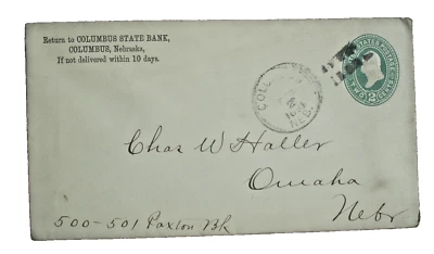 US SC U 311  COLUMBUS, NEBRASKA POSTAL HISTORY COVER 1891 - Image 1 of 2